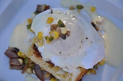 Eggs Benedict with Bacon and Corn Salad and Southwest Hollandaise