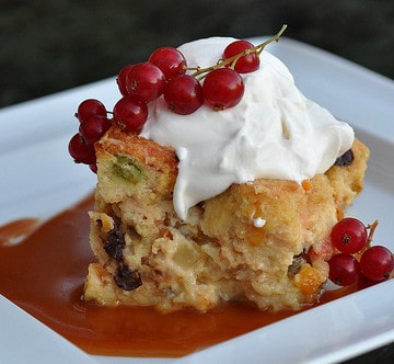 Christmas Stollen Bread Pudding Recipe with Whipped Cream and Caramel Sauce