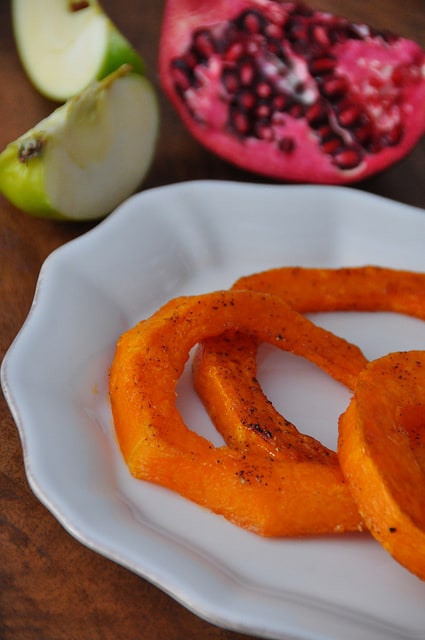 Rings of roasted squash for Roasted Butternut Squash Salad with Cranberry Vinaigrette