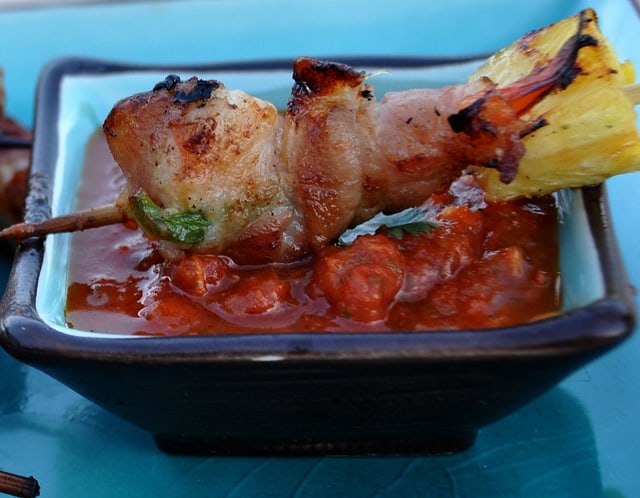 One Bacon Wrapped Jalapeno Stuffed Shrimp and Pineapple Skewer with Salsa