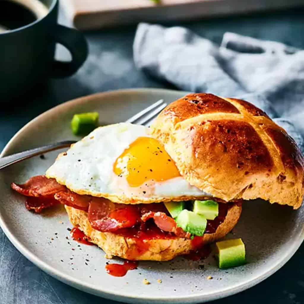 Bacon Egg Avocado Recipe with Hot Cross Buns