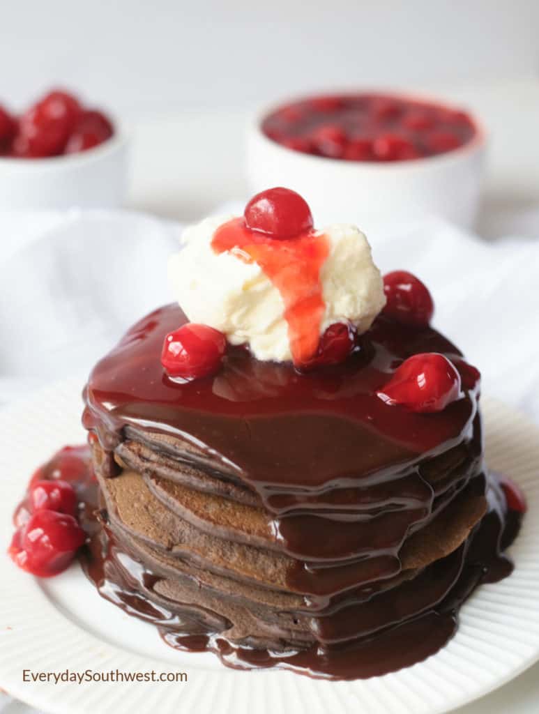 Double Chocolate Pancakes with Nutella Ganache and Cherry Sauce