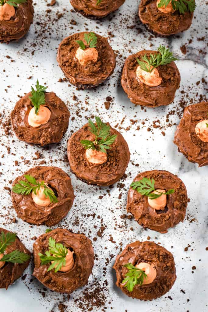Carrot Patch Cupcakes Recipe with Chocolate Frosting and "Dirt" Crumbs