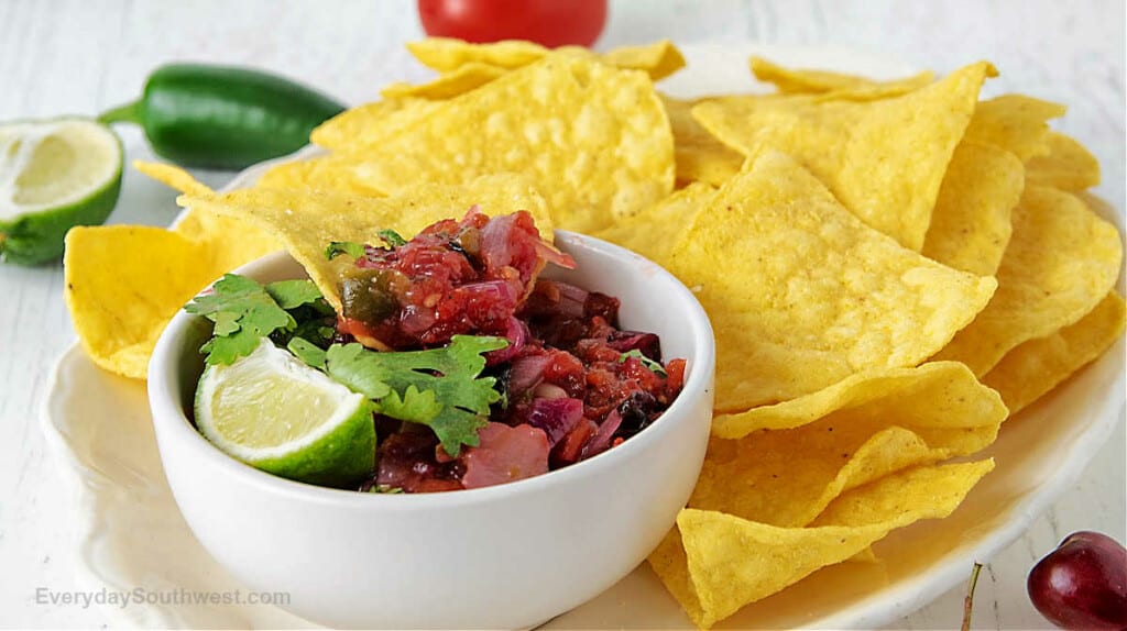 Sweet and Savory Roasted Cherry Salsa with Salty Tortilla Chips