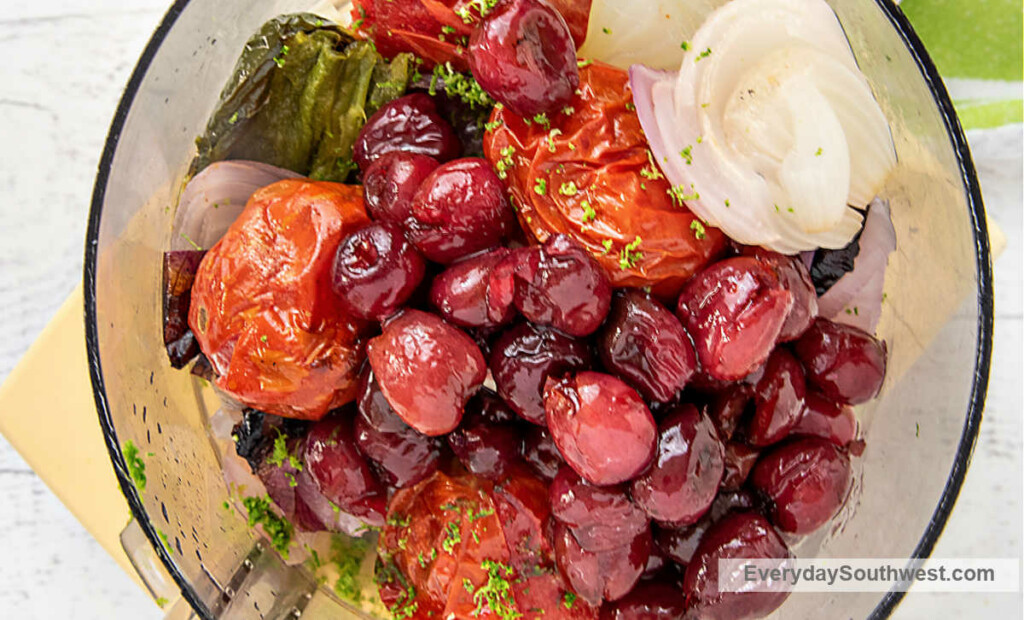 Roasted Cherries, Jalapeños, onions, tomatoes and garlic for salsa in food processor