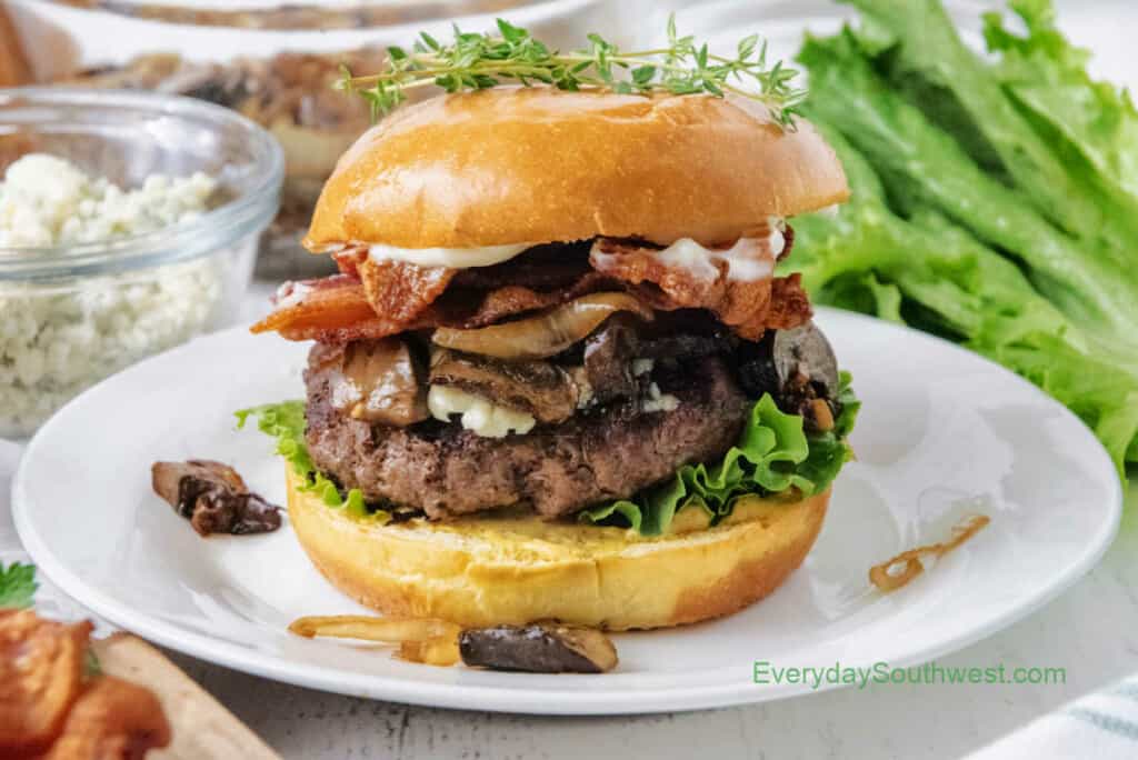 Roasted Mushrooms and Onions on a Gourmet Burger