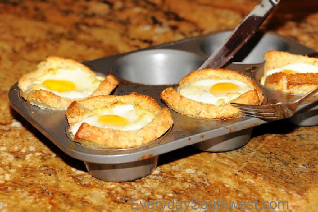 Eggs baked in a French toast cup in a muffin pan