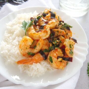 Camarones al Ajillo or Garlic Shrimp with fluffy white rice