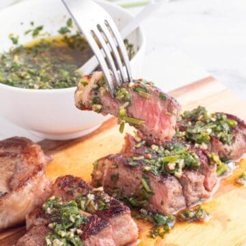 Sliced chimichurri steak.
