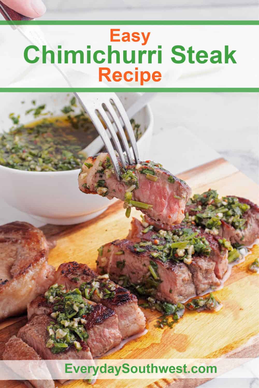 Juicy steak with chimichurri sauce with bold herb and garlic flavor and just a touch of chili flakes make a quick and easy dinner recipe for friends or family.