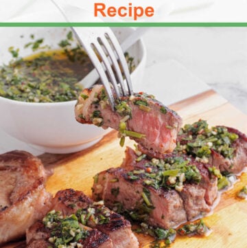 Juicy steak with chimichurri sauce with bold herb and garlic flavor and just a touch of chili flakes make a quick and easy dinner recipe for friends or family.