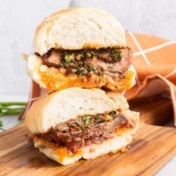Sliced chimichurri steak sandwich.