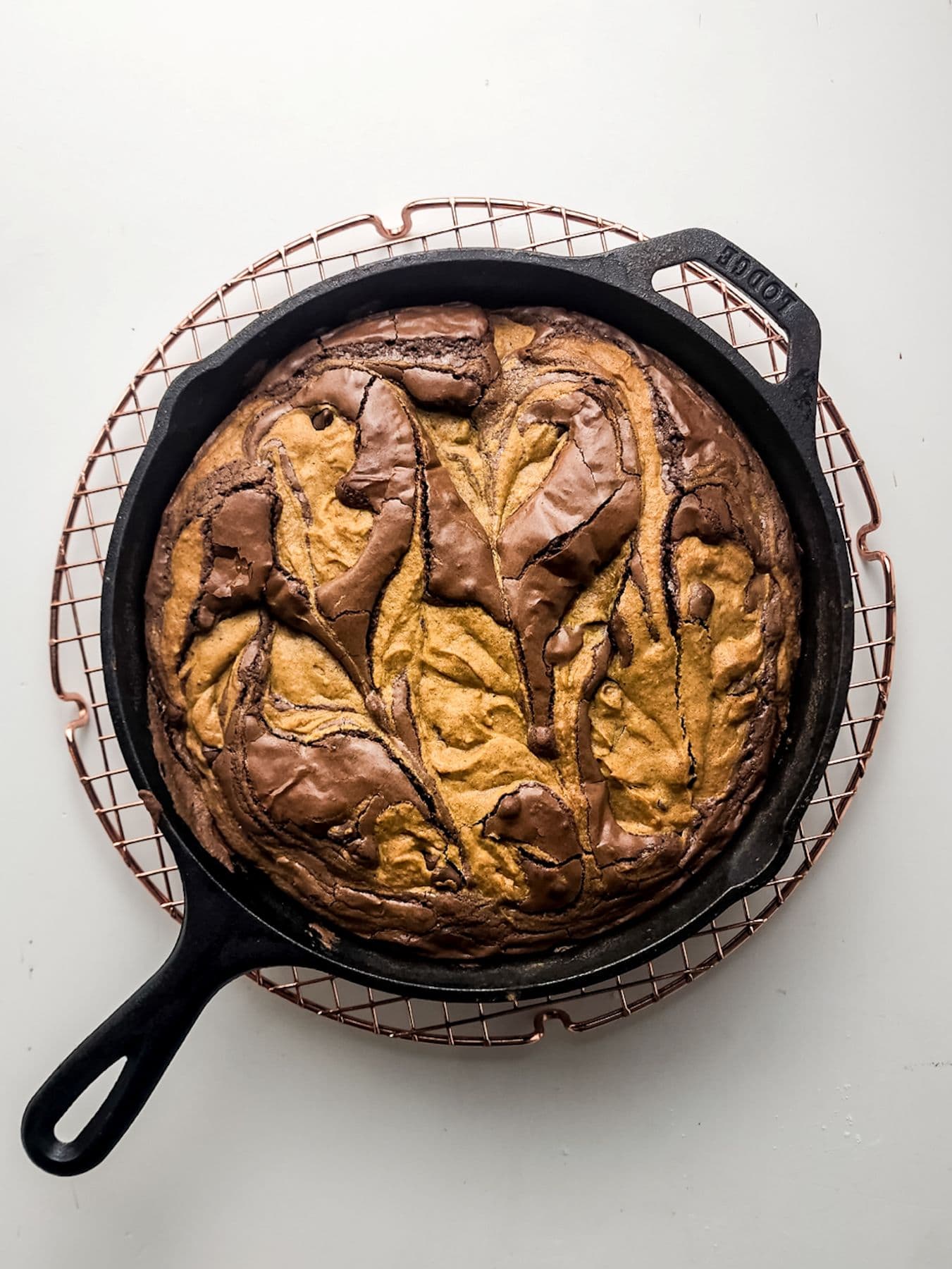 Pumpkin brownie skillet with chocolate chips, freshly baked.