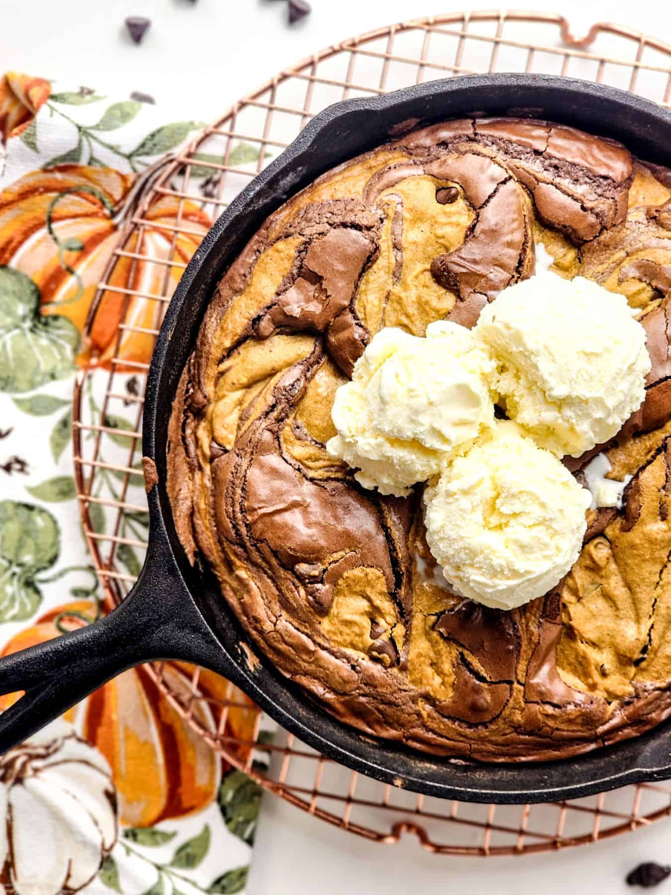 Pumpkin Brownie Skillet with Chocolate Chips.
