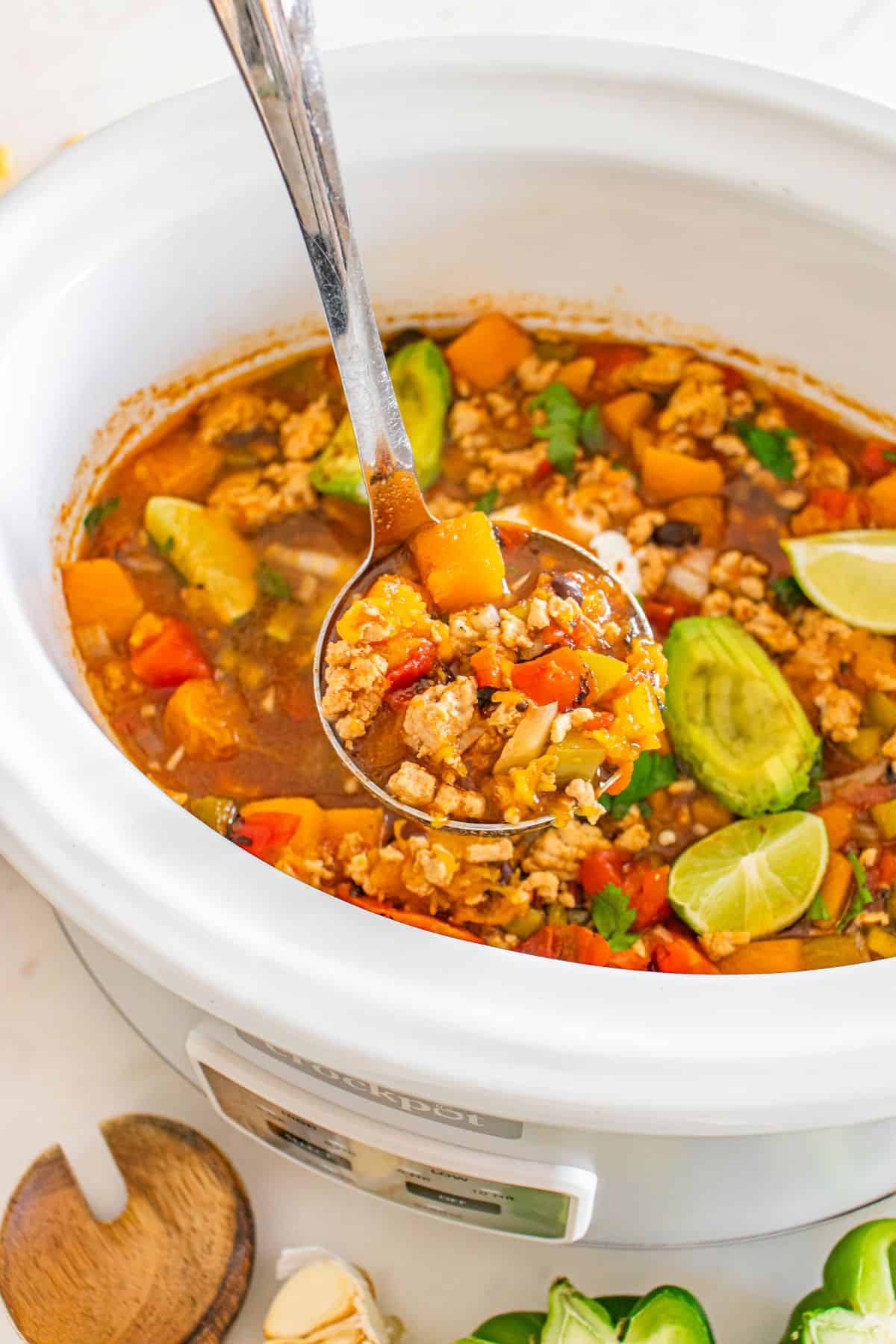 Slow Cooker Turkey and Butternut Squash Chili, spooned.