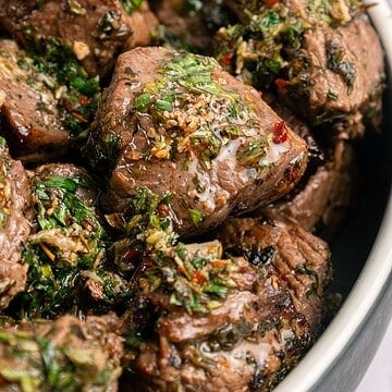 Air Fryer Steak Bite with Chimichurri Sauce.