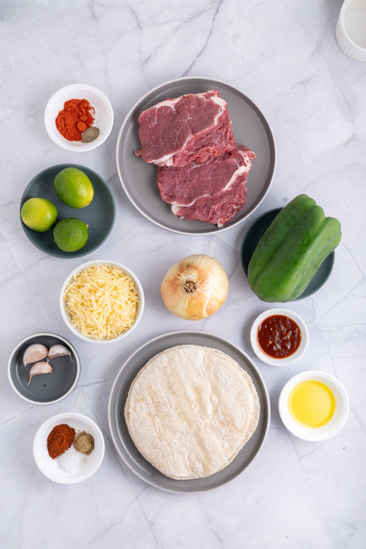 Ingredients for steak quesadillas.