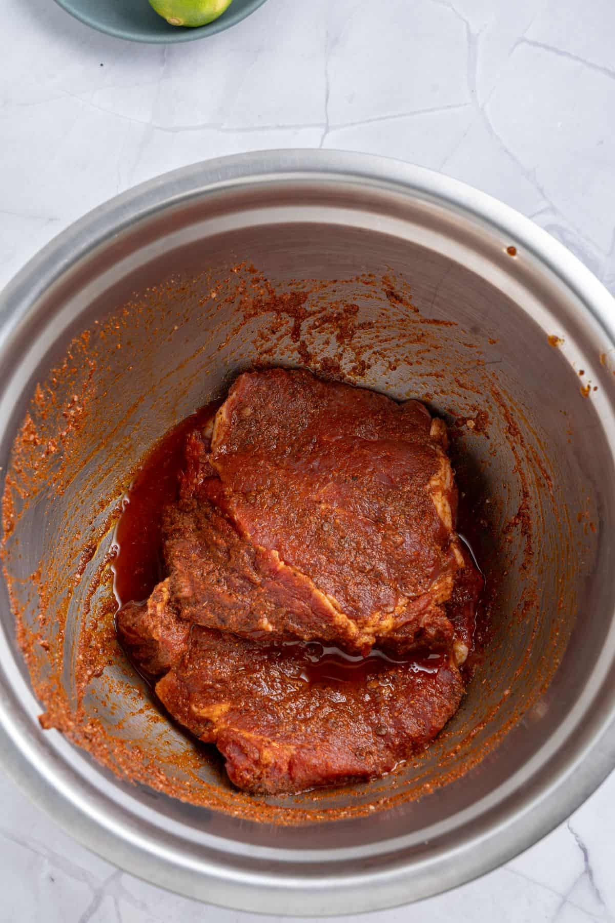 Marinating steak.