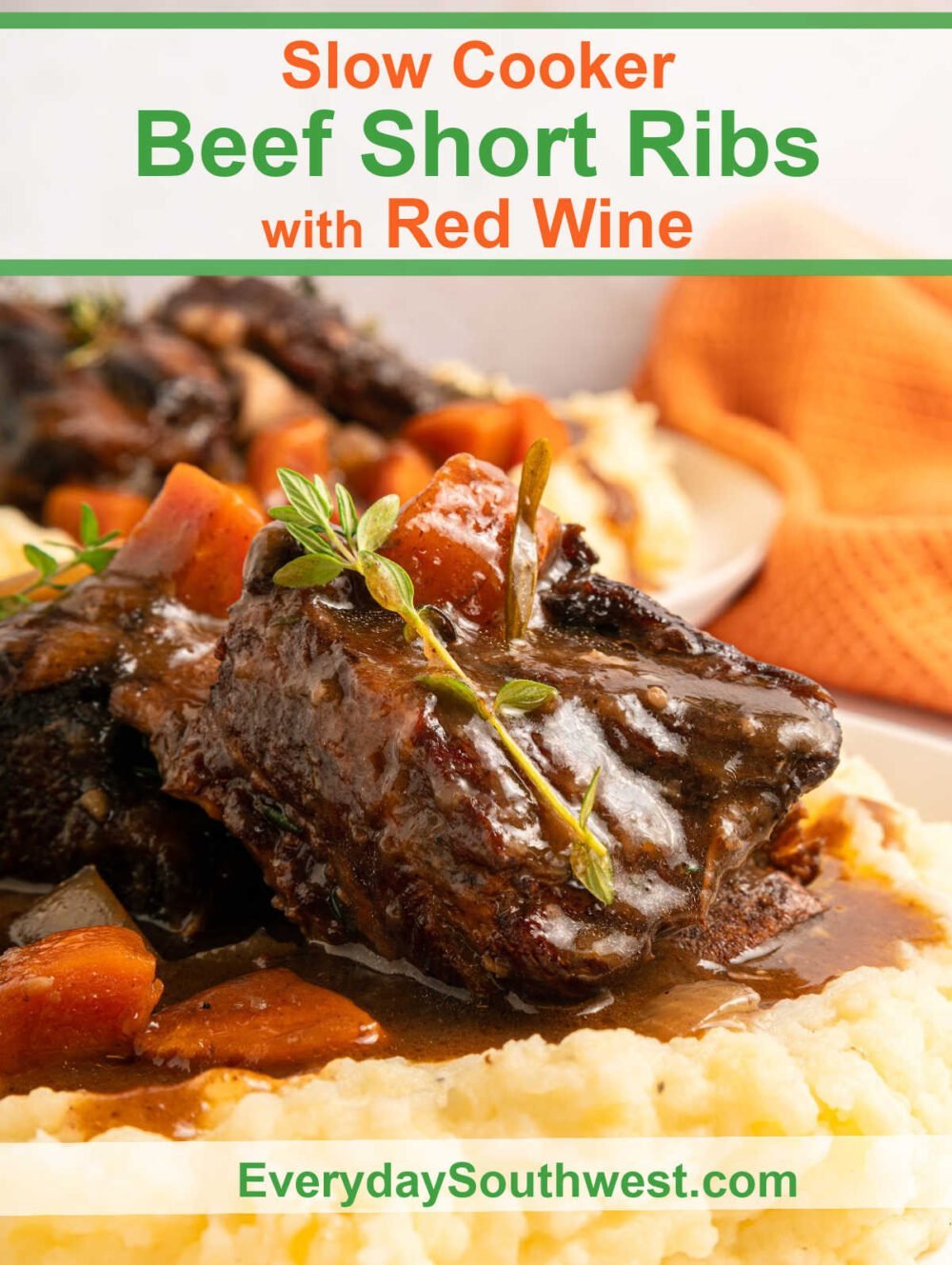 Short Ribs Recipe with Red Wine on a pile of mashed potatoes