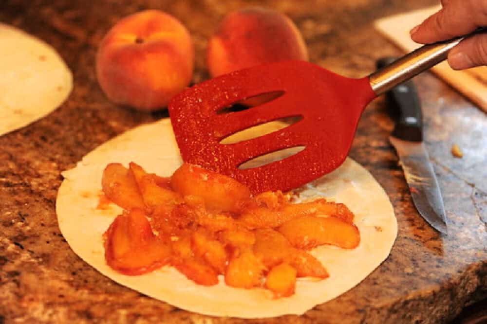 Peaches on Tortilla for Peaches and Cream Quesadilla