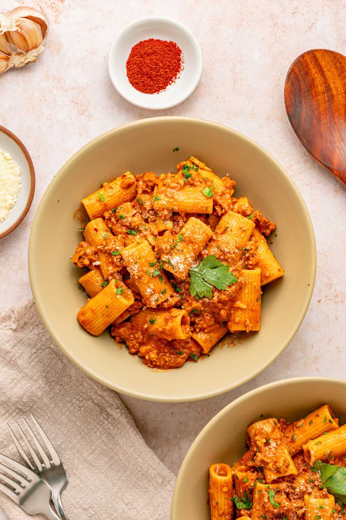 Served chorizo pasta.
