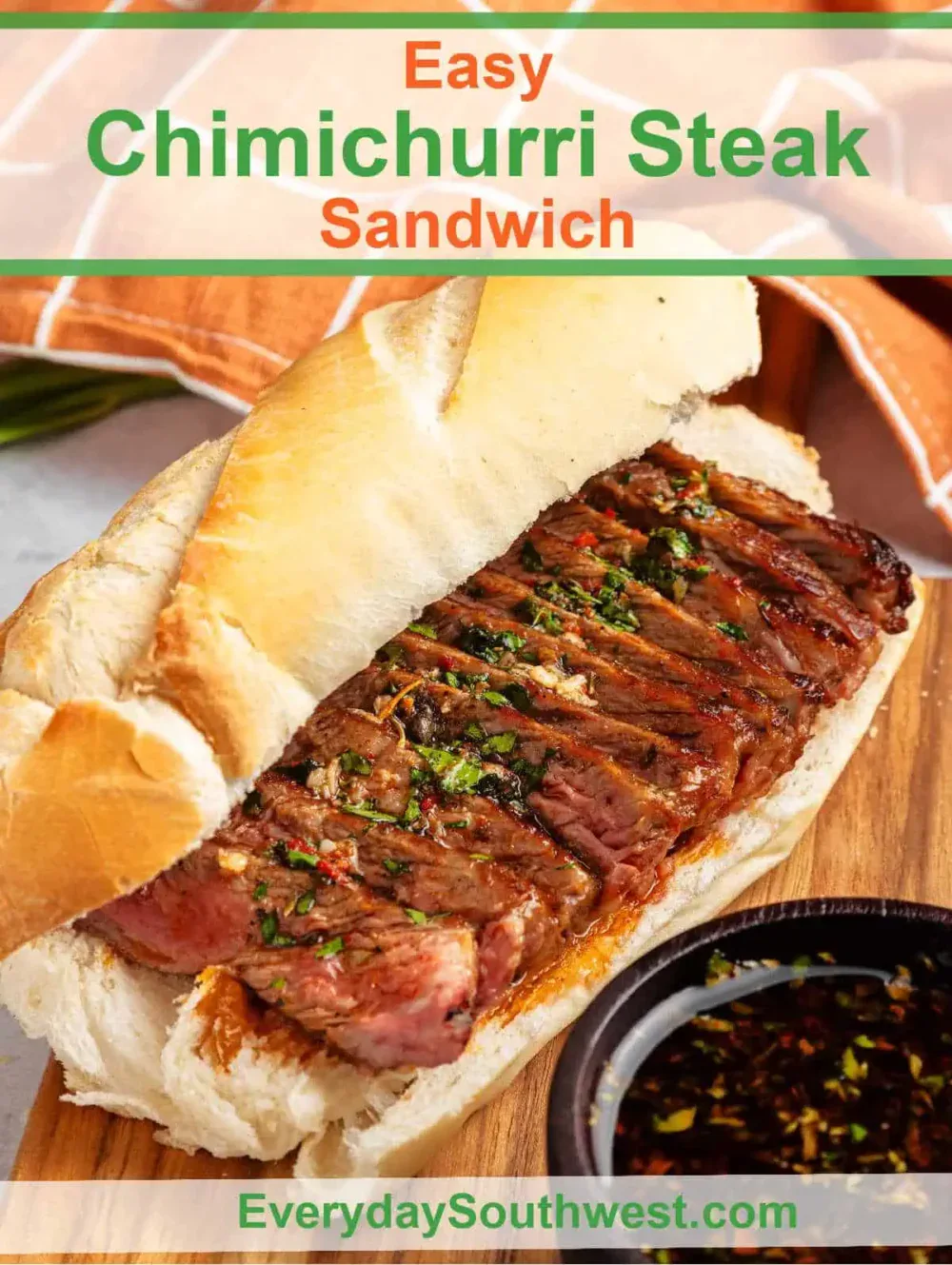 Chimichurri Steak Sandwich with crusty bread and garlic herb sauce