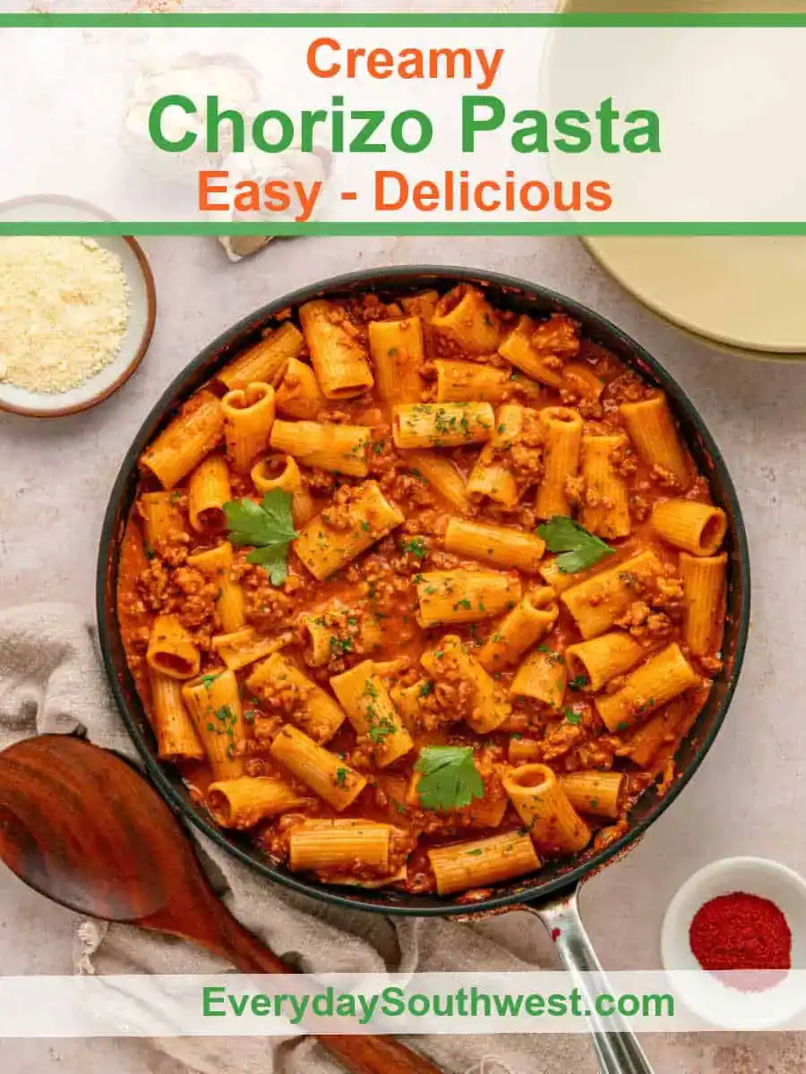 Creamy Chorizo Pasta in a skillet with spicy sauce